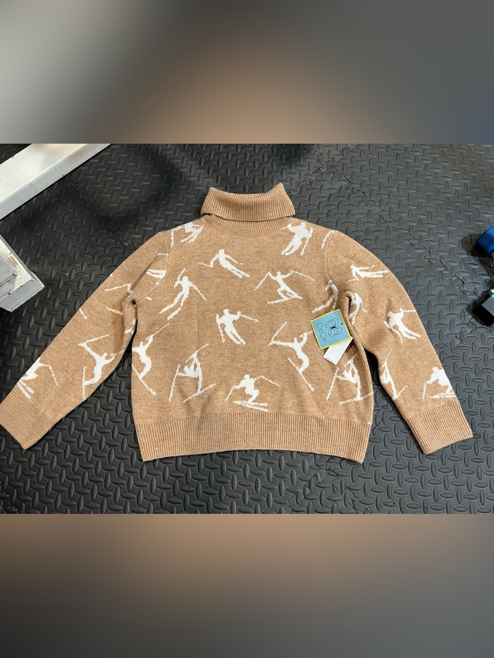 CeCe Women’s Camel Turtleneck Sweater with Ski Pattern